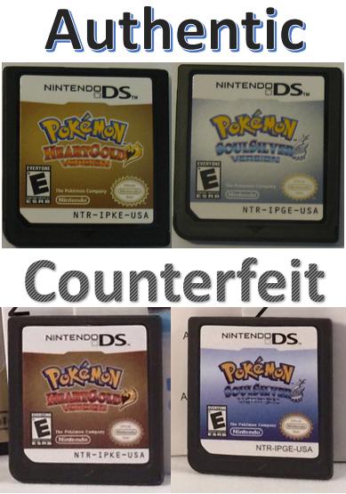 Authentic vs counterfeit Pokemon DS cartridge comparison
