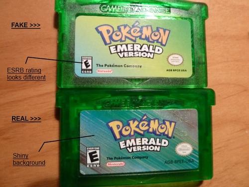 Pokemon Emerald fake vs real label comparison