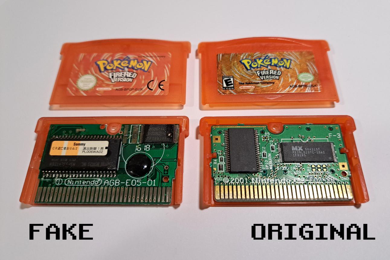 Pokemon FireRed fake vs original board comparison