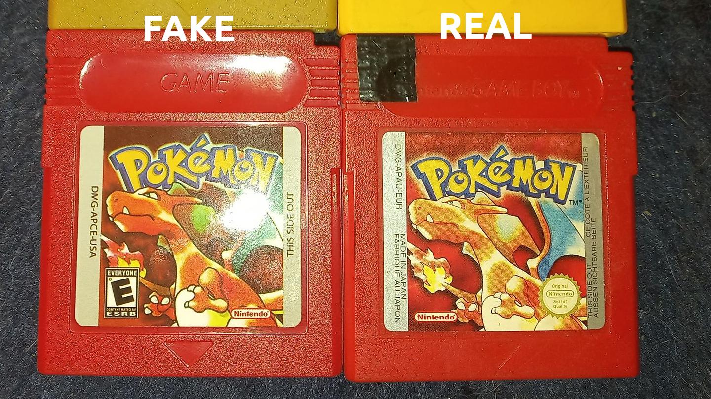 Pokemon Red fake vs real front cartridge comparison