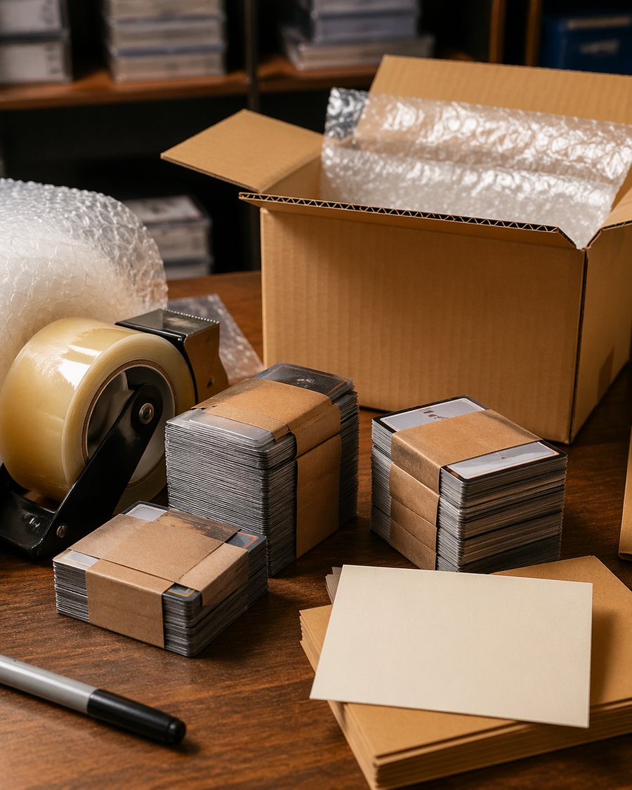 Trading card inventory prepared for review and shipping